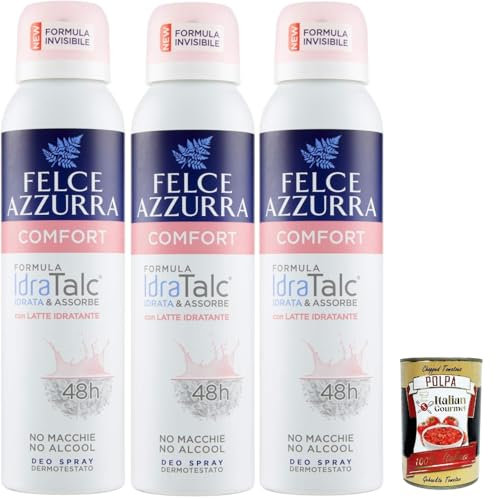 Felce Azzurra, Deodorante Spray Comfort con Latte Idratante, deo spray mit feuchtigkeitsspendender Milch, 48 Stunden wirksam, hinterlässt keine Flecken 3x 150 ml + Italian Gourmet polpa 400g
