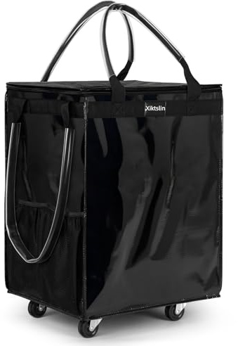 (Medium, Black) Reusable Grocery Bag on 4 Wheels, Foldable Rolling Tote Carries Up to 66lb Shopping Trolley, Rolling Bag with 3 Handles, Zipper Clouser Rolling Tote Bag with Wheels for Laundry
