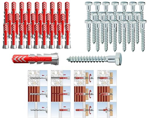 Fischer DUOPOWER DÜBEL mit SCHRAUBEN und BIT, Universaldübel, leistungsstarker 2K-Dübel, zur Befestigung in Beton, Ziegeln, Stein, Gipsbauplatten (14x70mm + 10x100mm Sechskantschrauben, 10, Stück)