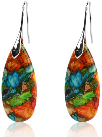 2pcs Natural Stone Earrings, Fishhoop Dangle Drop Earrings Drop Stone Pendant Ear Decoration Trendy Statement Jewelry for Women (Color Silver)