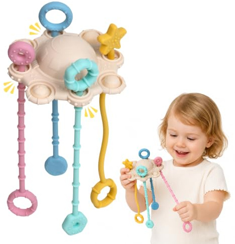 ROWFEN Montessori Silicone Pull String Toy – Sensory Skills Development | 100% food-grade silicone with textured ropes. Soft-press buttons. Portable travel design. Easy to Clean. Cream Color.