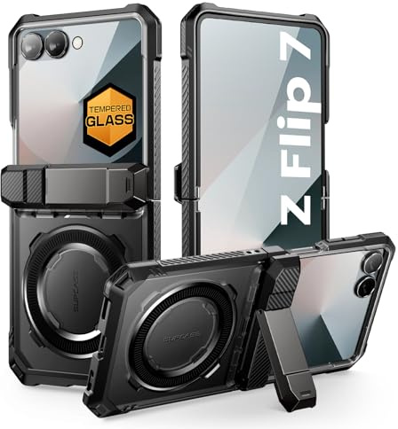 SUPCASE for Samsung Galaxy Z Flip 7 Case with Stand & Front Screen Protector (Unicorn Beetle Grip), [Support MagSafe] [Hinge Protection] Full Body Military-Grade Translucent Back Phone Cover, Black