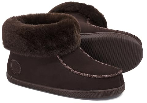Vanuba Peppin Handmade Damen Hausschuhe, Naturleder, 100% Schafwolle, Warme und Bequeme Hausschuhe, Leder Braun/Braun, 38 EU