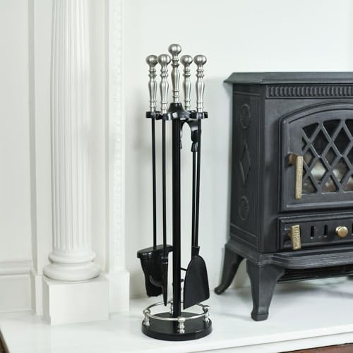 65cm Tall Traditional Iron Fireplace Accessories Companion Set with Brushed Chrome Handles - Fireside Tools with Poker, Tongs, Brush and Pan - Elegant Fireside Companion Set for Fire Log Burner