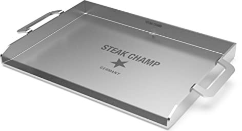 Plancha Barbacoa de Acero Inoxidable Steak Champ: para BBQ a Gas y Carbón, con Asas de Transporte, 38 x 28 cm