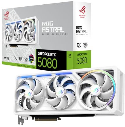 Asus ROG Astral GeForce RTX 5080 16GB GDDR7 OC Edition (Blanc) – Carte Graphique Gaming (PCIe 5.0, HDMI, Display 2.1, 3.8 Slot, 4 Ventilateurs axiaux, Pad Thermique GPU)