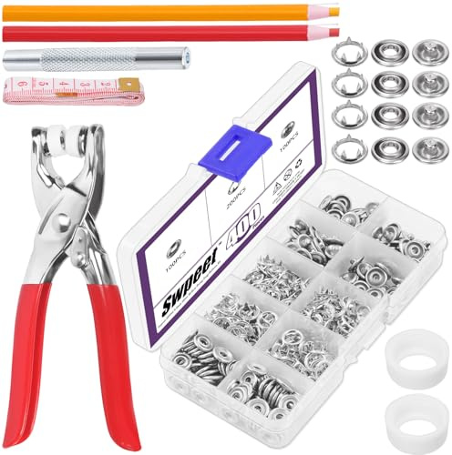 Swpeet Lotto di 100 bottoni a pressione in metallo color argento cavi 9,5 mm con bottoni a pressione, clip, matite, nastri, set di attrezzi in pelle, per abbigliamento,