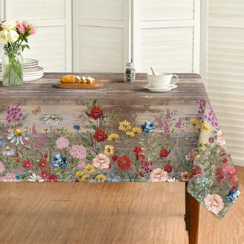 Horaldaily Spring Tablecloth 60×84 Inch Rectangular, Flowers Brown Wood Grain Washable Seasonal Table Cover for Party Picnic Dinner Decor