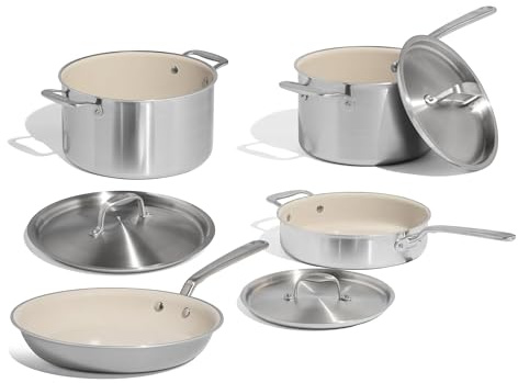 Made In Cookware - 7 Piece Nonstick Ceramic Pot and Pan Set - 5 Ply Stainless Clad - Includes Stock Pot, Saute Pan, Saucepan, and Frying Pan - Professional Cookware - Crafted in Italy