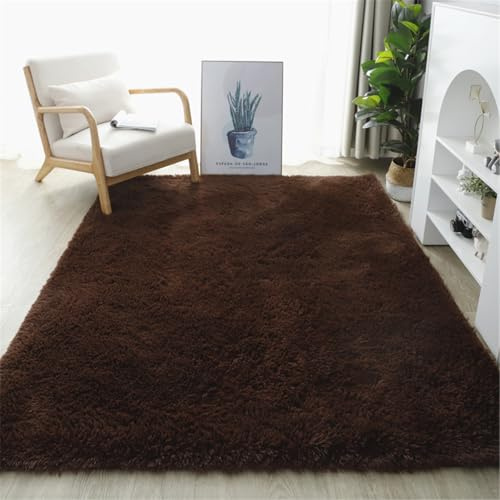 Highdi Langflor Weich Teppich Wohnzimmer Einfarbig, Soft Shaggy Teppich Flauschiger Teppich Waschbarer Teppich Schlafzimmer, Kunstfell Fell Imitat Teppich Kinderzimmer Nordic (100x160cm,Braun)