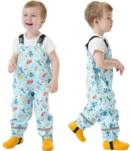 Fewlby Waterproof Bib Overalls Kids Rain Trousers, Boys Girls Rain Dungarees Wind and Waterproof Mud Rain Pants Toddler Cartoon Dinosaur Rainwear for Outdoor Play, 3-4 Years