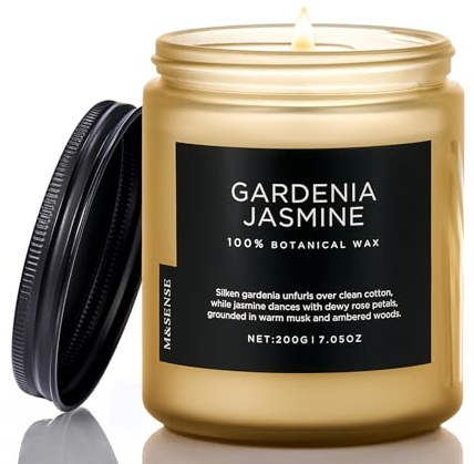 M&SENSE Gardenia Jasmin Duftkerze (200g, 50h) – 2-Docht Blumiger Duft – Hocharomatische Sojawachs-Kerze – Für Bad & Büro – Einzugsgeschenk​