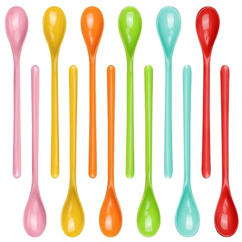 Ferenando 12 Pcs Coloured Long Plastic Spoons 18.5cm with 6 Colours, Reusable Long Handled Spoon, Ice Cream Spoons, Long Handled Teaspoons, for Egg, Dessert, Latte (Dishwasher Safe)