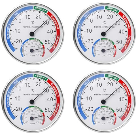 4 higrómetros analógicos: 12,7 cm de precisión, termohigrómetro, termómetro exterior e higrómetro, medidor de humedad interior para la climatización de la habitación, invernadero