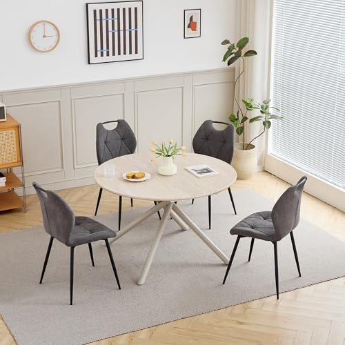GrandCA HOME Conjunto de Mesa y Sillas de Comedor,Mesa Redonda de 115 CM y 4 Sillas Modernas de Lino para Comedor, Cocina y Sala de Estar (Amarillo Claro y Gris)