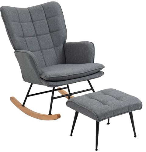 HOMCOM Fauteuil à Bascule avec Repose-Pieds, Rocking Chair en Tissu Aspect Lin, Assise Large, Dossier Haut, Coussin Inclus, Chaise à Bascule pour Salon, Chambre, Gris