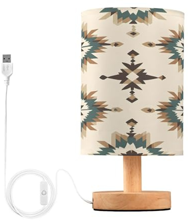 Qilmy Traditional Tribal Pattern Bedside Table Lamp with LED Light Included, Button Switch Control for Bedroom Nightstand Lamp with USB Ports for Living Room Bedroom Home Office
