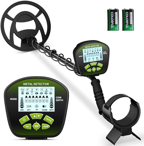 Metal detector per adulti e bambini lunghezza sensibilità e audio regolabile, tutte le modalità metallo/DISC/PP, display LCD, kit di rilevatori d'oro professionale per spiaggia, giardin (Grün)