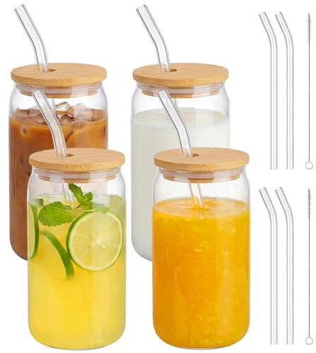 Gykutix Set di 4 Bicchieri con Cannuccia e Coperchio, 500ml Riutilizzabile Bicchieri da Caffe Vetro, per Tazze di Ghiaccio, Limonata, Frullati, Birra, Cocktail