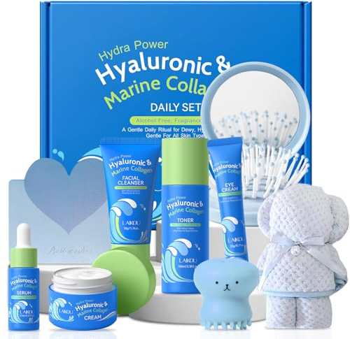 LAIKOU Kollagen hyaluronsyra skincare, 9 stycken ansiktsvård set damer | Hudvård reseset rengöring fukt lugnande, skönhet presentset kvinnor för alla hjärtans dag mors dag födelsedag