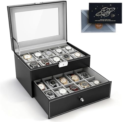 Scatola per Orologi a Doppio Strato per 20 Orologi,Cofanetti Orologi in Pelle PU con Coperchio in Vetro,Vetro per Uomo Donna per Porta Orologi