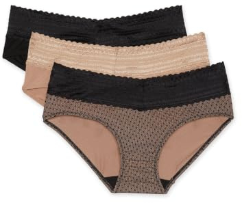 Warner's Women's Blissful Benefits No Muffin 3 Pack Hipster Panties, Black/Toasted Almond/lace dot Print, L