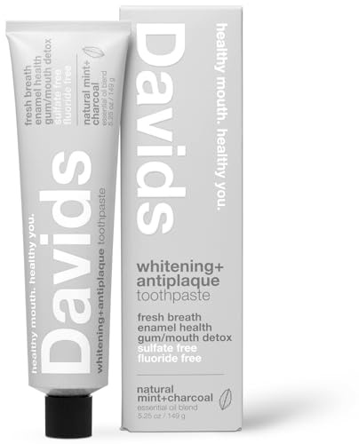 Davids Natural Charcoal Toothpaste Peppermint Whitening Antiplaque Fluoride Free SLS Free 5.25 OZ Metal Tube Tube Roller Included