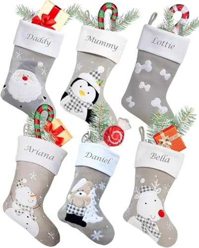 Hoolaroo Personalised Christmas Stockings Custom Silver Grey Embroidered Xmas Stocking With Name - Kids Family Decorations Penguin