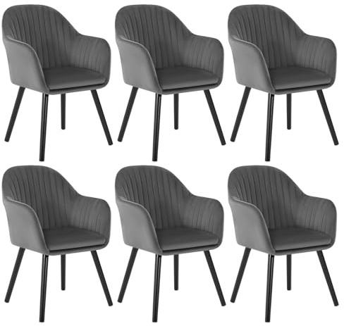 WOLTU Esszimmerstühle 6er Set, für Schlafzimmer Küche Wohnzimmer, Küchenstühle gepolstert mit Armlehne, Massivholzbeinen, Sitzfläche aus Samt, Dunkelgrau