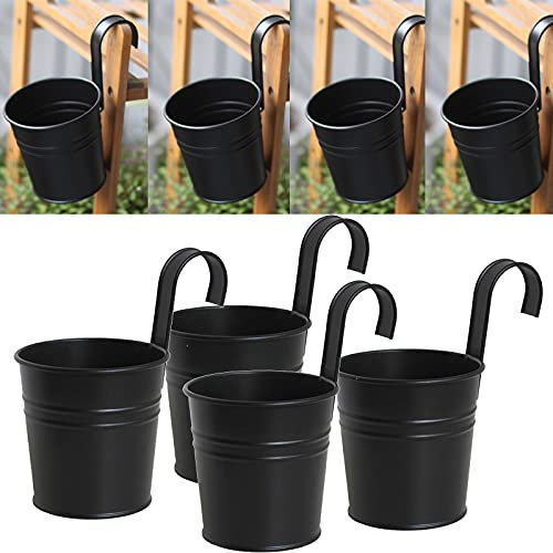 QYLJZB Lot de 4 pots de fleurs à suspendre en métal noir avec crochet amovible pour extérieur, intérieur, clôture, balcon, jardin, décoration de la maison