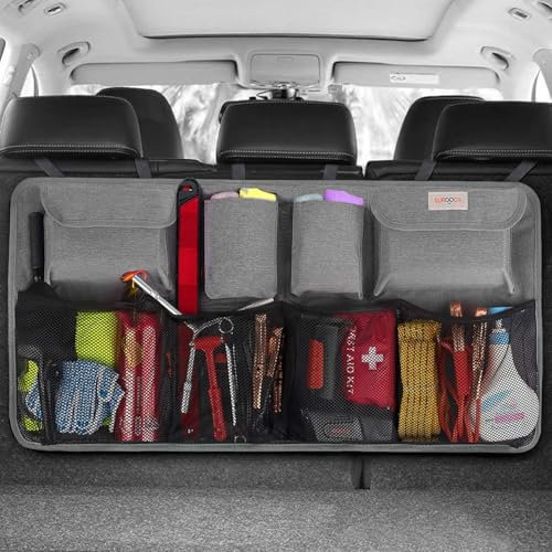 SURDOCA Car Boot Organizer, 4th Gen [9 Upgrades - XL] Super Capacity Auto Backseat Hanging Organizer, Car Boot Tidy Storage Bag with Lids, Space Saving Expert, Gray Plus Size, 43.3x18.9in