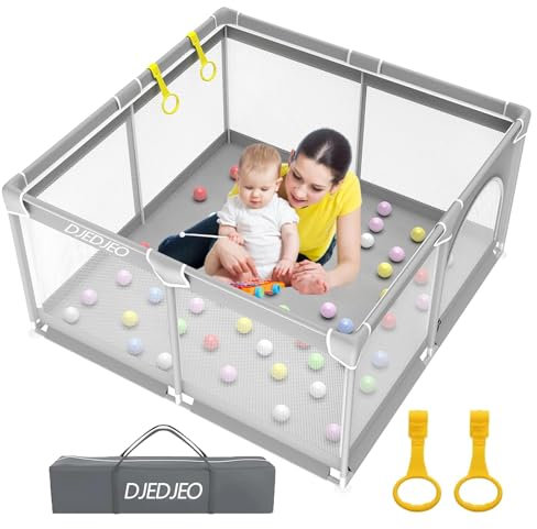 DJEDJEO Laufgitter Baby, 125cm Laufstall Baby Faltbar, Laufstall Baby mit Reißverschlusstür und Rutschfester Basis, Laufgitter mit Atmungsaktivem Netz an Vier Seiten, Kinder Laufgitter, Grau