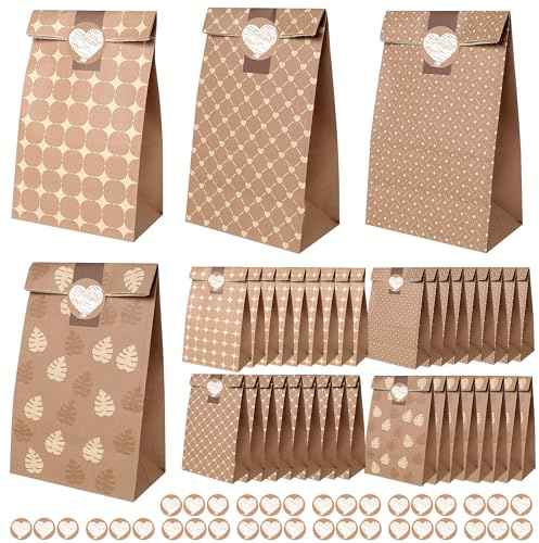 Romon Bolsas de Papel, Bolsas Papel Kraft de 36 piezas con 36 Pegatinas Para bolsas de papel kraft, Bolsas chuches cumpleaños, bolsas para bodas, etc.