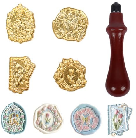 SGERUFZ 4 Stile Wachssiegel Stempel Set mit Griffen, Siegelstempel, Wachs Stempel Kit für Kartenumschläge und Einladungen, Lackieren Sie den Dichtungskopf, Feuerlackversiegelung