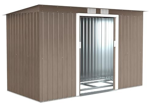 Outsunny 9ft x 4ft Metal Garden Shed, Outdoor Tool House with Foundation Kit, Ventilations and Double Doors, Light Grey Wood Grain