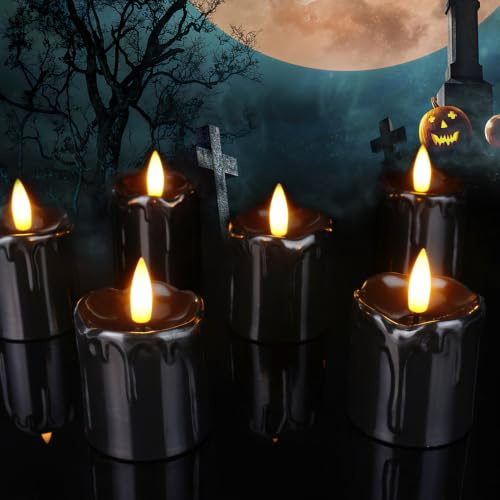 Homemory Black Colour Battery Operated Tea Light with 6H+18H Timer | 5 * 5.5CM, Realistic Flicker Flameless Candles Led Electric, 6 Pack for Home Decor, Vovite, Holiday, Party