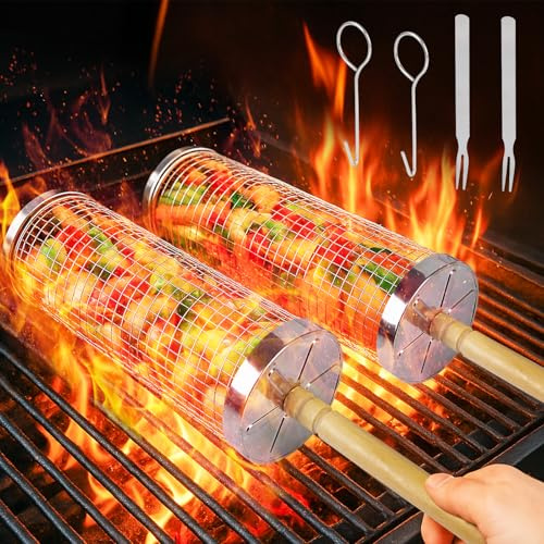 Yesay Set aus Rollender Grillkorb mit abnehmbaren Holzgriffen und zylindrischem Grillkorb aus Edelstahl 304, Grillzubehör für Gemüse und Garnelen für Camping und Terrassengrill (20 cm + 30 cm)