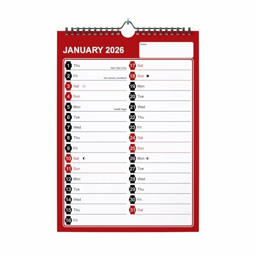 Calendario da parete 2026, formato A4, visualizzazione mensile, 12 mesi, rosso e nero, da appendere, con striscia include festività del Regno Unito, date importanti e fasi lunari, organizer per casa