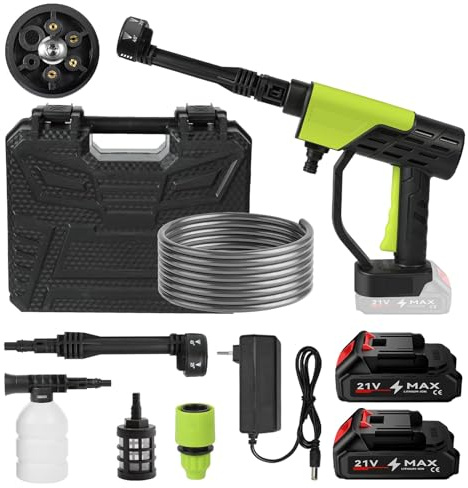 Lavadora de presión de alta presión inalámbrica, pistola limpiadora de alta presión inalámbrica con batería y boquilla 6 en 1, para lavado de coches y exteriores (2 baterías)