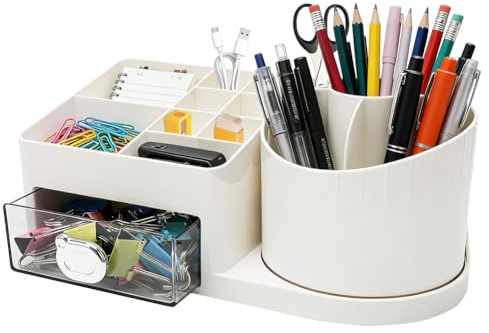 Organisateur de Bureau Rotatif avec 15 Compartiments + 1 Tiroir, Pot à Crayons 360° pour Bureau, École, Maquillage & Fournitures Artistiques, Porte-Stylos Multifonction Stable, Rangement Bureau