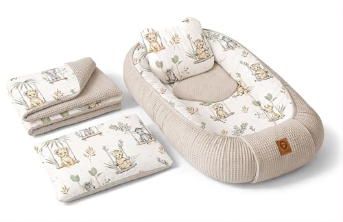 Babynest Nestchen Baby Set für Neugeborene – 5-teilig – Kuschelnest aus 100% Baumwolle & Waffelpique – Babykokon tragbar – für Babybett, Kinderbett & Kinderwagen – OEKO-TEX - Schaukeln und Sand