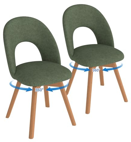 WAFTING Esszimmerstühle 2er Set Drehbar, Polsterstuhl aus Leinenstoff mit Holzbeinen, Esszimmerstühle mit durchbrochener Rückenlehne, geeignet für Esszimmer, Küchenstuhl，Wohnzimmer，Grün