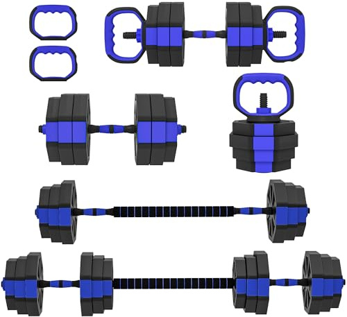 SPORTNOW Set Pesi da Palestra 6 in 1 da 25kg Totali in Plastica e Sabbia, Set Manubri Regolabili Utilizzabile come Kettlebell, Manubri, Bilanciere e Supporto per Flessioni, Allenamento a Casa, Blu