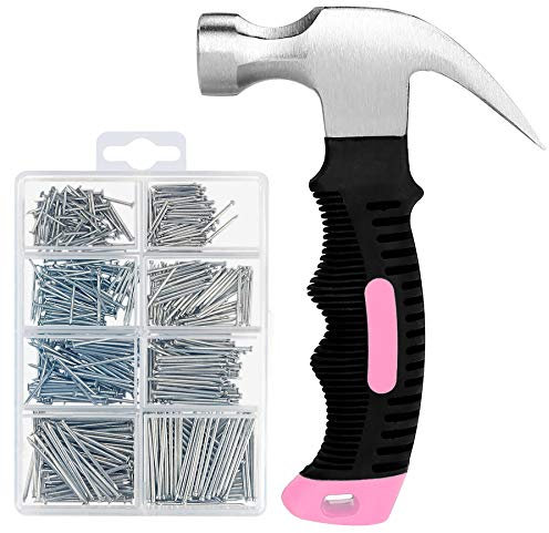 KURUI 700PCs Small Nails for Hanging Pictures & 8oz Small Hammer for Women, Pink Tool for Hanging Canvas Wall Art/Tapestry/Frame, Hardware Nails Assortment Kit for Living Room/Bedroom/Outdoor Decor