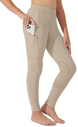 Willit Girls Horse Riding Pants Tights Kids Equestrian Breeches Knee-Patch Youth Schooling Tights Zipper Pockets Khaki L