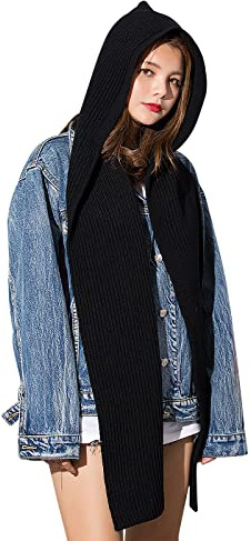 ITODA Knitted Hooded Scarf Winter Warm Hat Scarf Neckwarmer Hoodie Hat Women Knitted Cowl