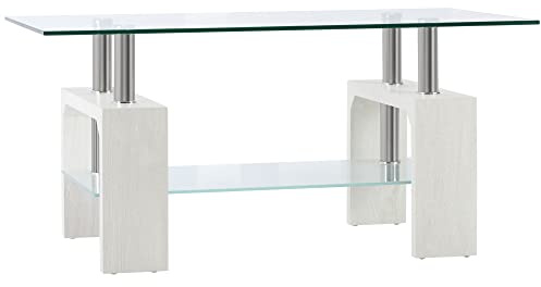 HOMCOM Tavolino Salotto Moderno a 2 Livelli con Piano d'Appoggio in Vetro Temperato, Tavolino da Divano in Legno e Acciaio, Tavolo da Caffè per Soggiorno, 90x50x42 cm, Bianco