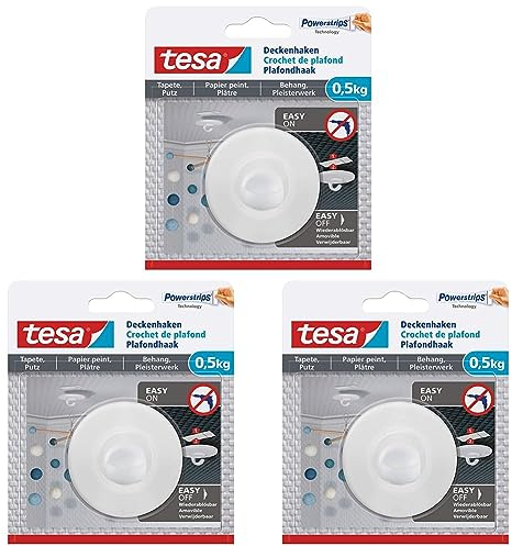tesa Deckenhaken Tapeten & Putz - selbstklebender Haken - ideal zur Befestigung von Deko-Objekten - hält bis zu 0,5kg/Haken - spurlos ablösbar (Packung mit 3)