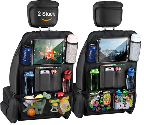 Kimsky 2er Autositz Organizer mit Rückenlehnenschutz, Auto Organizer, Kinderspielzeug-Aufbewahrung, Wasserdichter Rücksitzschutz für Kinder mit Tablet Fach - Schwarz
