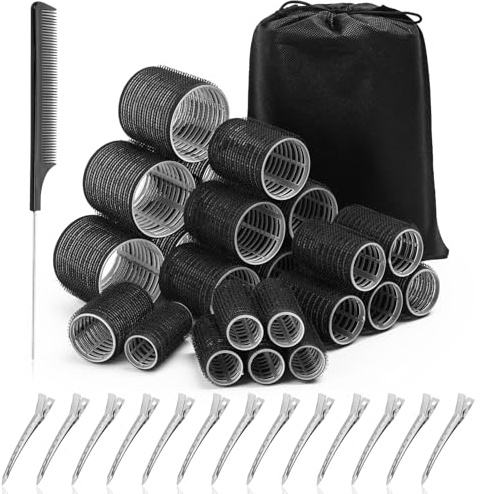 Acejoz Hair Rollers for Blowout Look, 38 Pcs Self Grip Hair Rollers Set with 4 Sizes, 12 Pcs Hair Clips, Comb and Storage Bag for Hair Volume (Black)